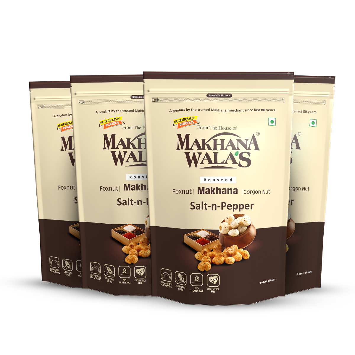 Salt and Pepper Makhana roasted fox nuts by Makhanawalas packs