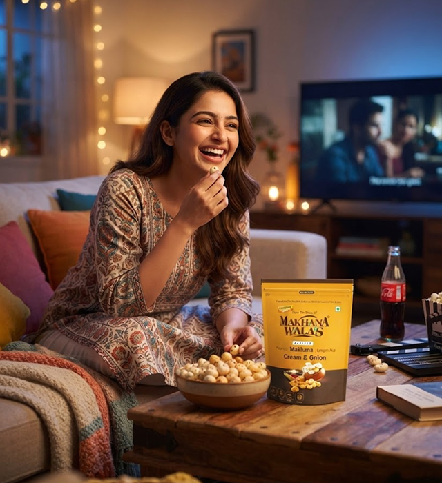 A woman sitting on a couch in a cozy living room, smiling and eating popcorn from a bowl while a bag of Mahona Walas Cream & Onion popcorn sits on the coffee table in front of her. A Coca-Cola bottle is also visible on the table.