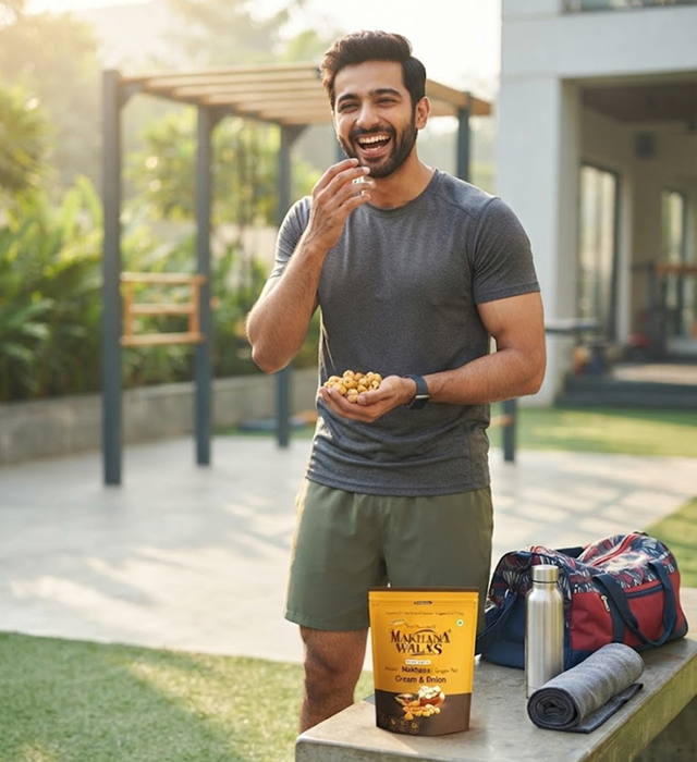 A smiling man in a gray t-shirt and green shorts stands outdoors holding a snack bag and a handful of nuts. A yellow bag of Mastana's Walks protein powder, a silver water bottle, a red and blue gym bag, and a rolled towel sit on a bench in front of him, with a sunny patio and greenery in the background.