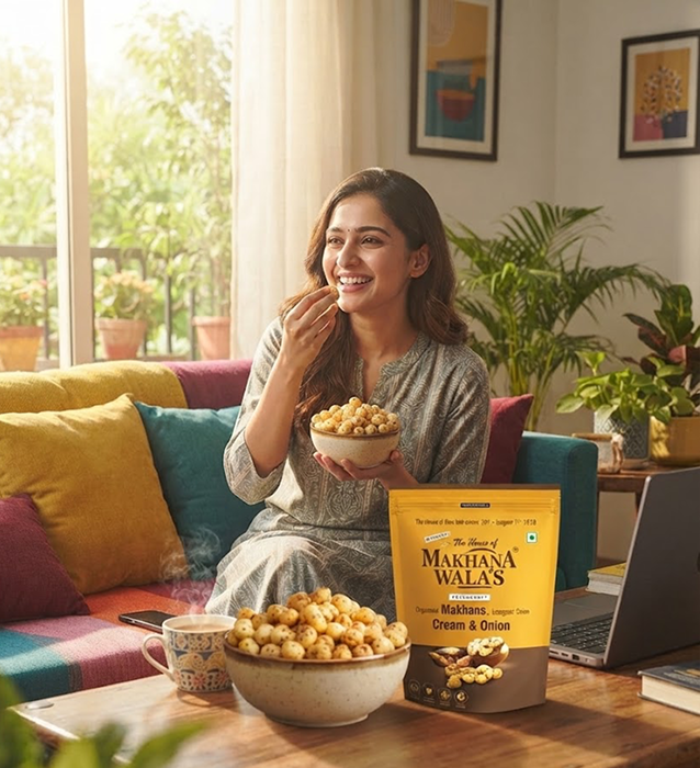 A woman sits on a colorful couch in a bright living room, eating popcorn from a bowl. In the foreground, a yellow bag of Makhtana Walas Poppy Seeds Chivda Cream & Onion popcorn is placed on a wooden table next to a laptop, a mug, and another bowl of popcorn.