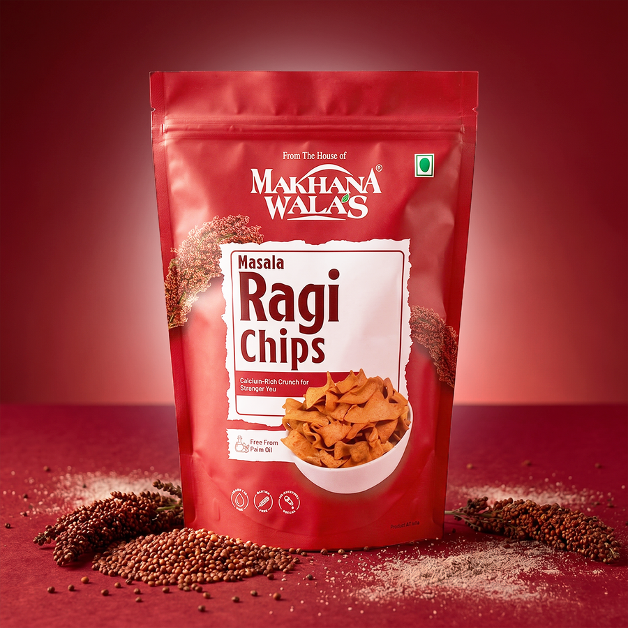 A red stand-up pouch of Makhana Wala's Masala Ragi Chips, displayed on a matching red surface with scattered ragi seeds around it.